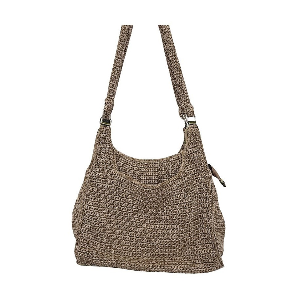 Woven Crochet Hobo Shoulder Bag Boho Beachy Coastal Casual Neutral Tan Striped